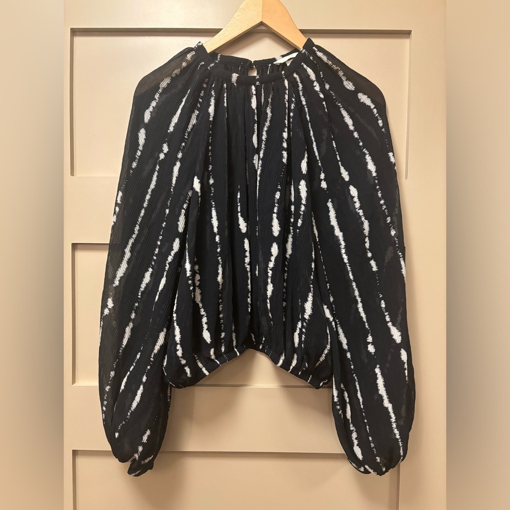 H&M Crinkle Balloon Blouse Elasticated Long Sleeve Sheer Black White Stripe